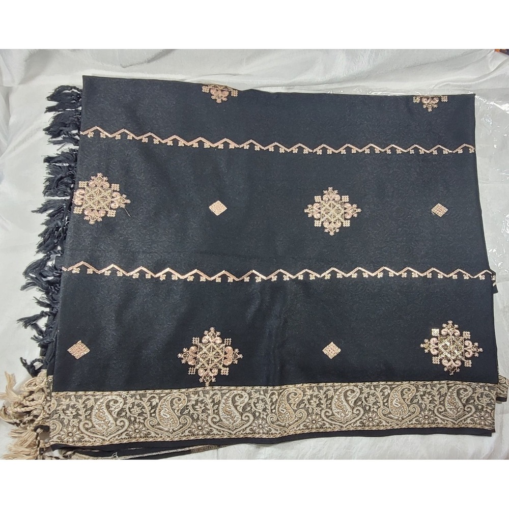Gold Foil Embroidered‎ Jacquard Fabric Dupatta Stole w/ Fringe 41" x 92" - Black